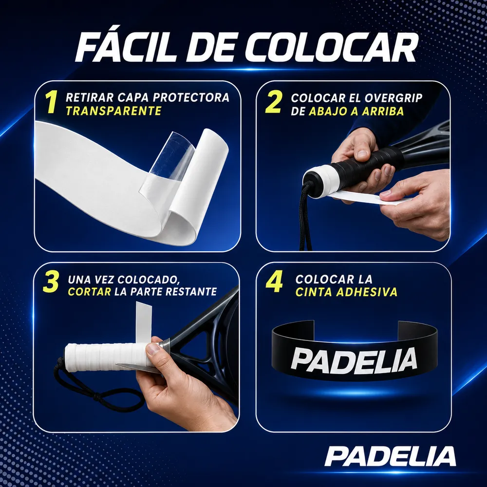 Los cuatro pasos para colocar un overgrip de pádel: retirar la capa protectora, enrollar de abajo a arriba, cortar el sobrante y cerrar con la cinta adhesiva