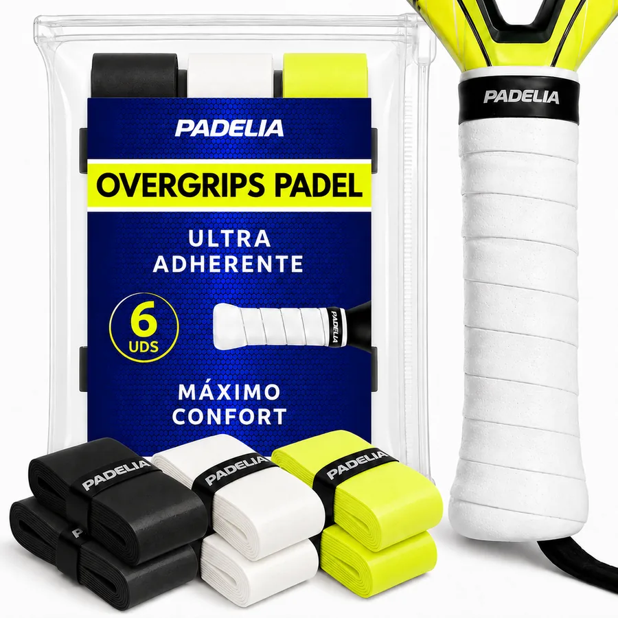 Pack de 6 overgrips de pádel PADELIA en blanco, negro y neón junto a una pala